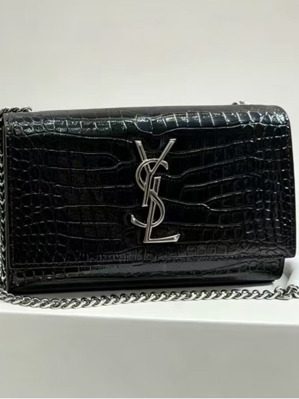 YSL Saint Laurent Black Croc-Embossed Leather Chain Crossbody Bag